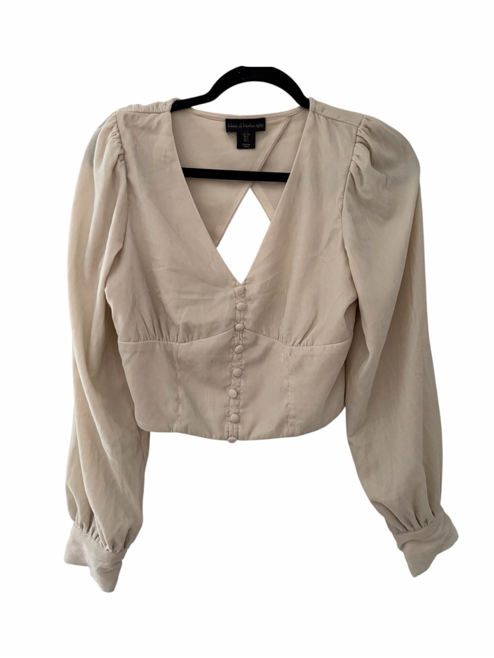House of Harlow 1960 Stone Puff-Sleeve Button-Front Blouse